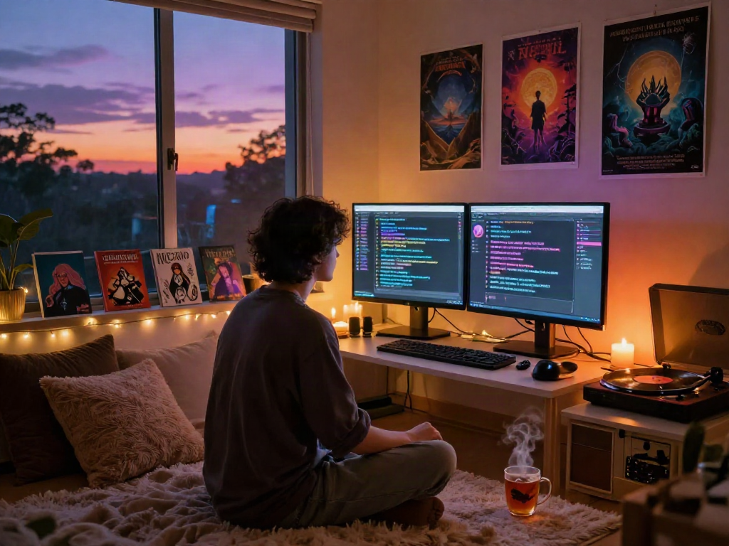 Engaging AI chat NSFW environment with vibrant dialogues and cozy workspace.