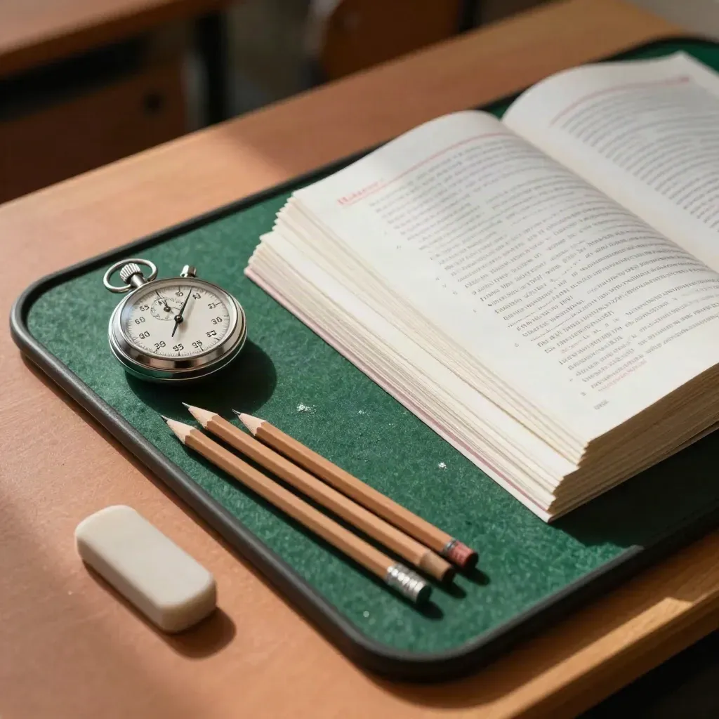 Widok z góry: zestaw do egzaminów z timerem, ołówkami i próbnymi testami na tacy.