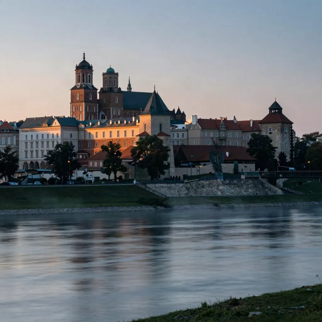 Krakowski Wawel nad Wisłą o zachodzie, z ciepłym światłem i mgłą